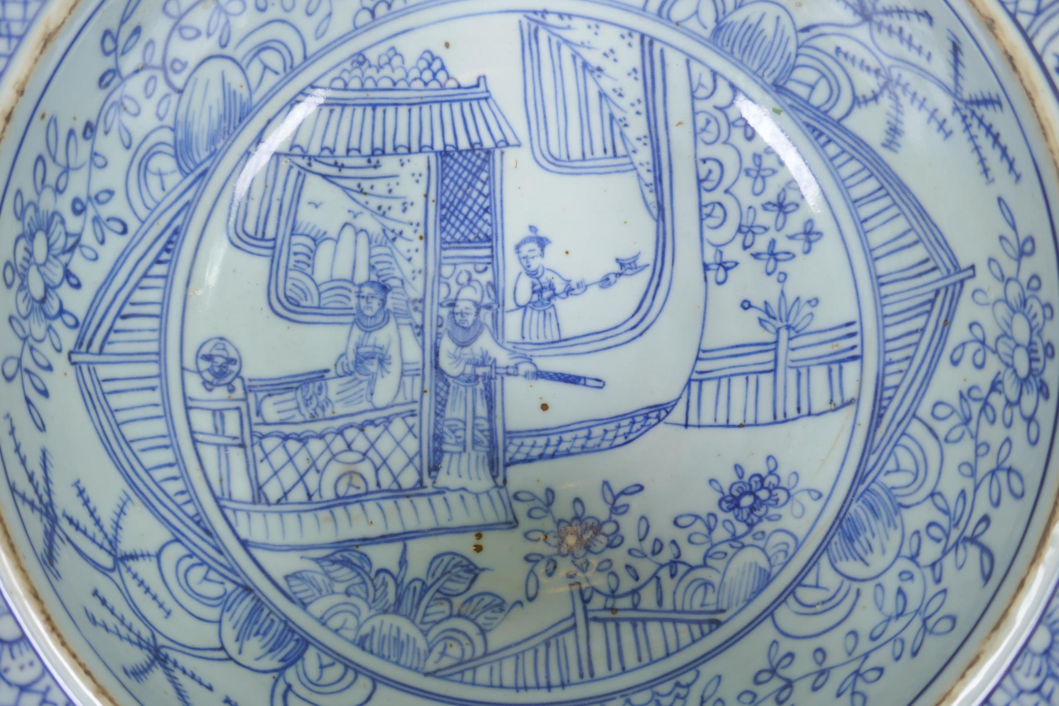 An early C20th Chinese blue and white porcelain steep sided bowl decorated with armed figures, - Image 3 of 5