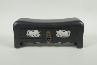 A Chinese hardwood box with secret locked drawer, set with carved jade lions, 26 x 9cm