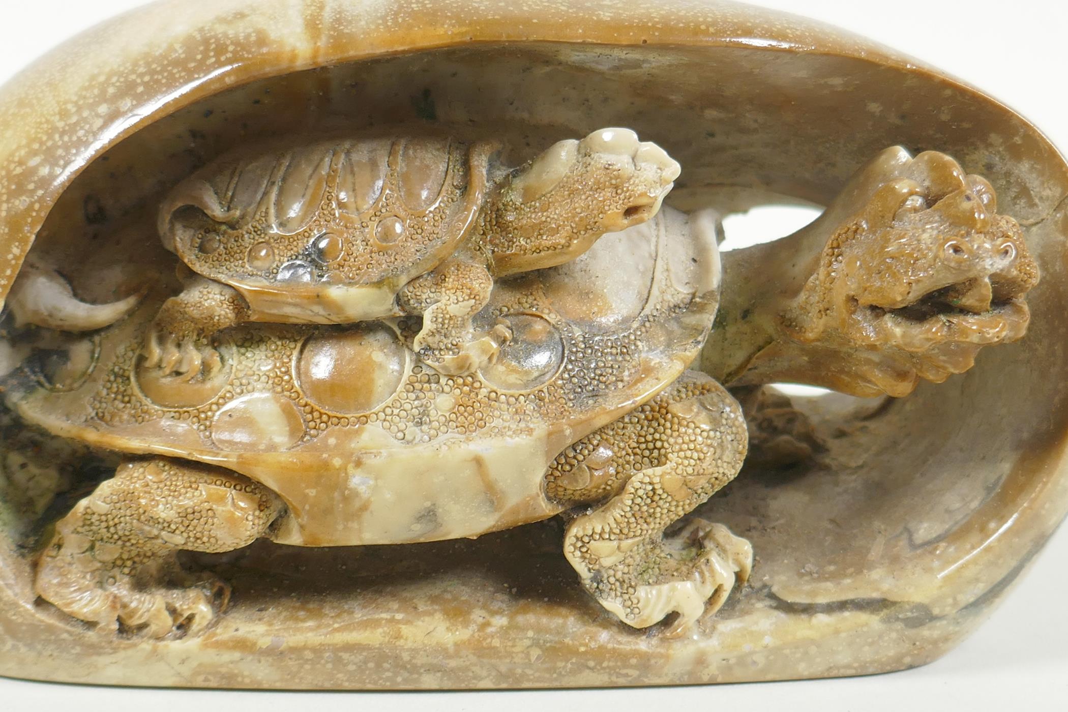 A Chinese reconstituted stone carving of a tortoise and its young, 17cm long - Image 2 of 6