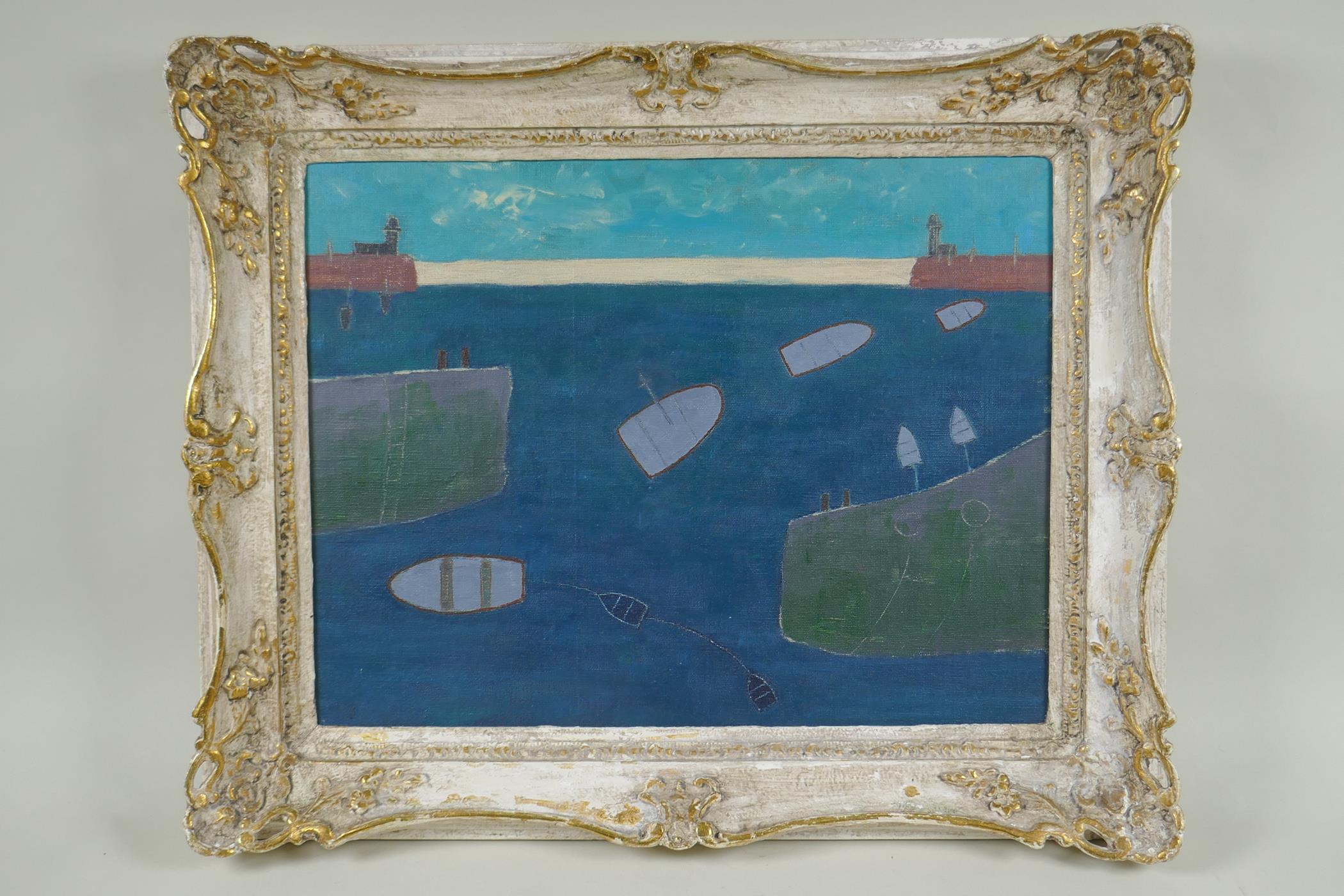 St Ives School, naive study of boats in a harbour, housed in a good gallery frame, oil on canvas - Image 2 of 3