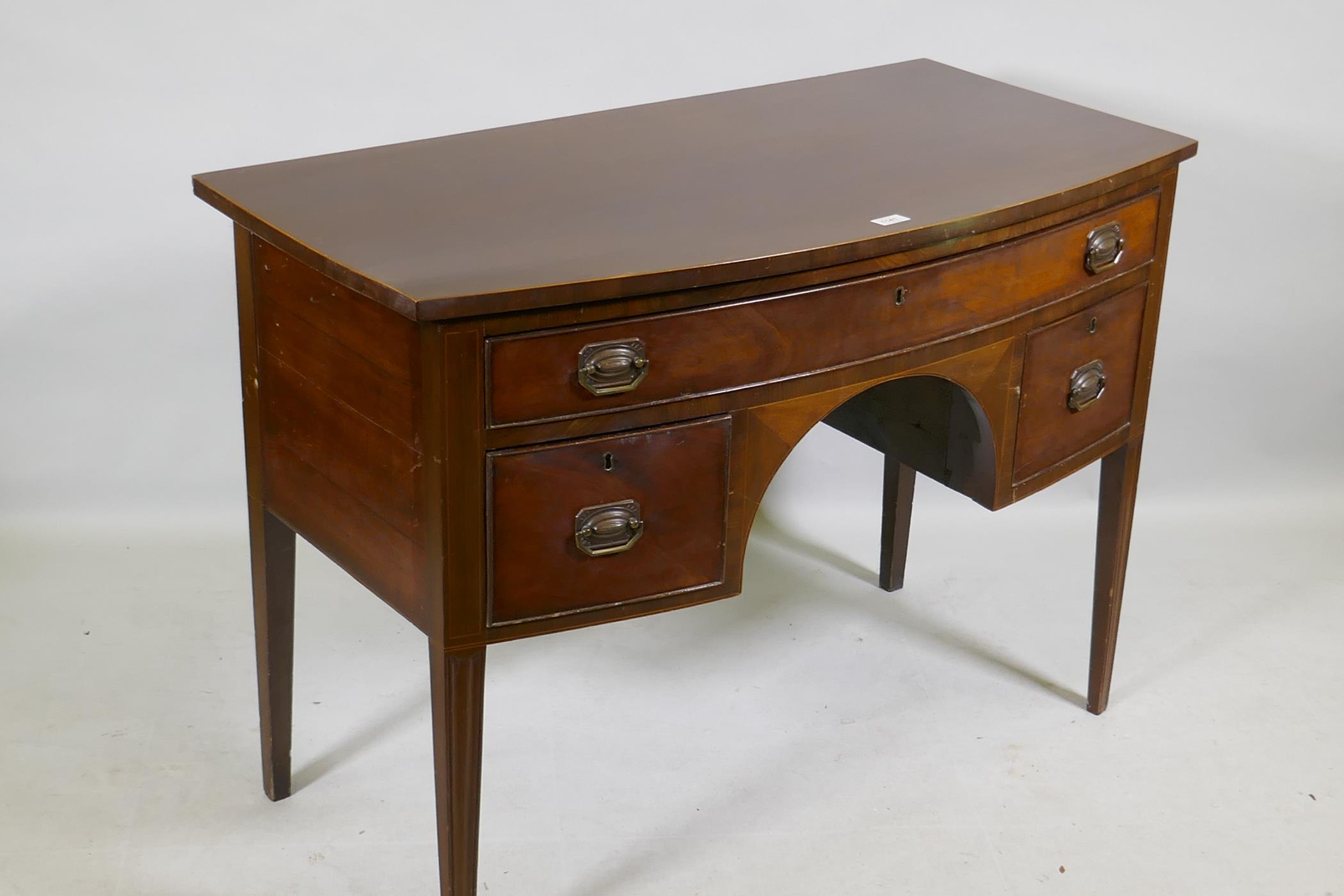 C19th mahogany three drawer bow fronted kneehole dressing table/desk, with original plate handles, - Image 3 of 3