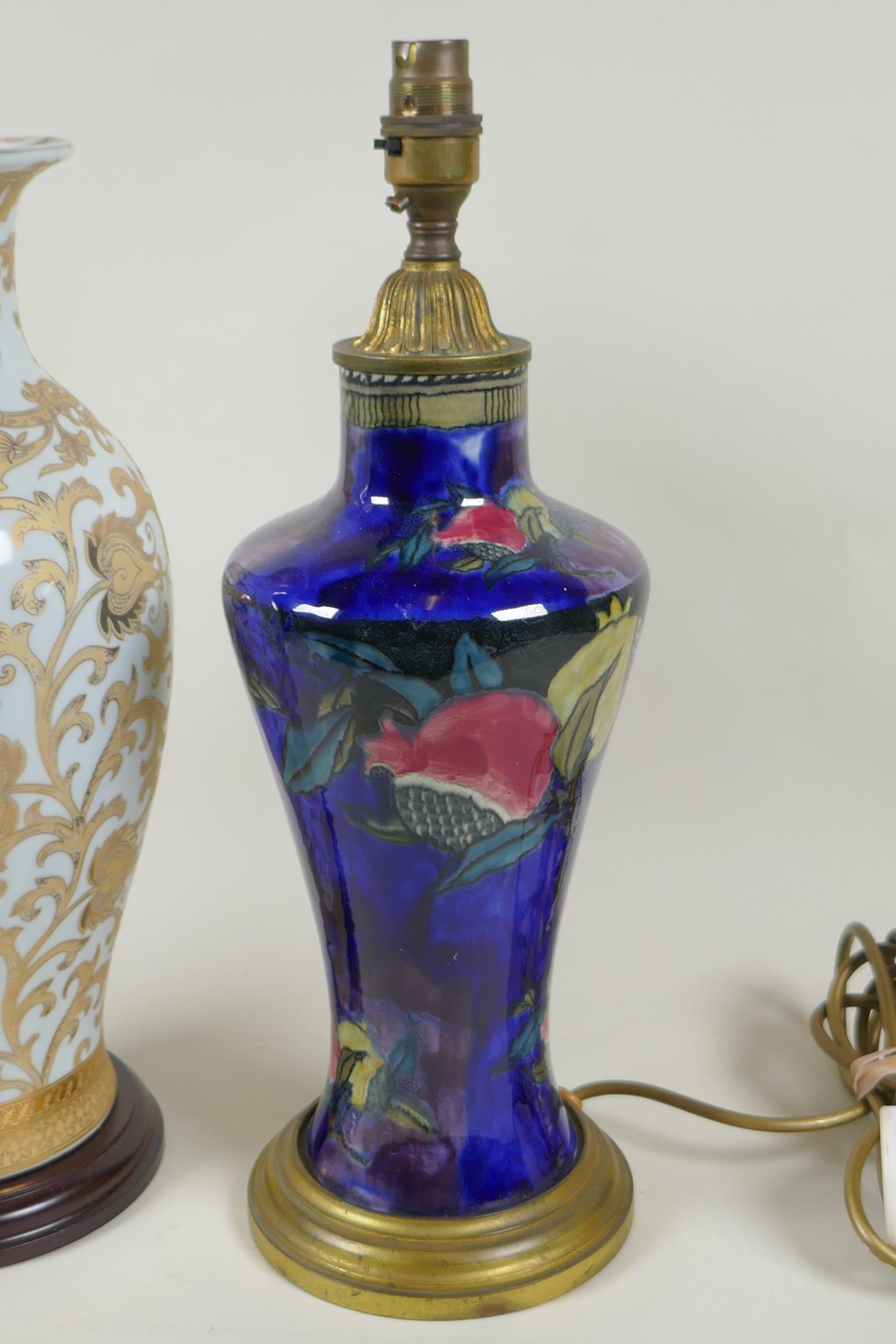 A Rubens ware pomegranate vase converted to a table lamp with brass mounts, together with a gilt - Image 2 of 3