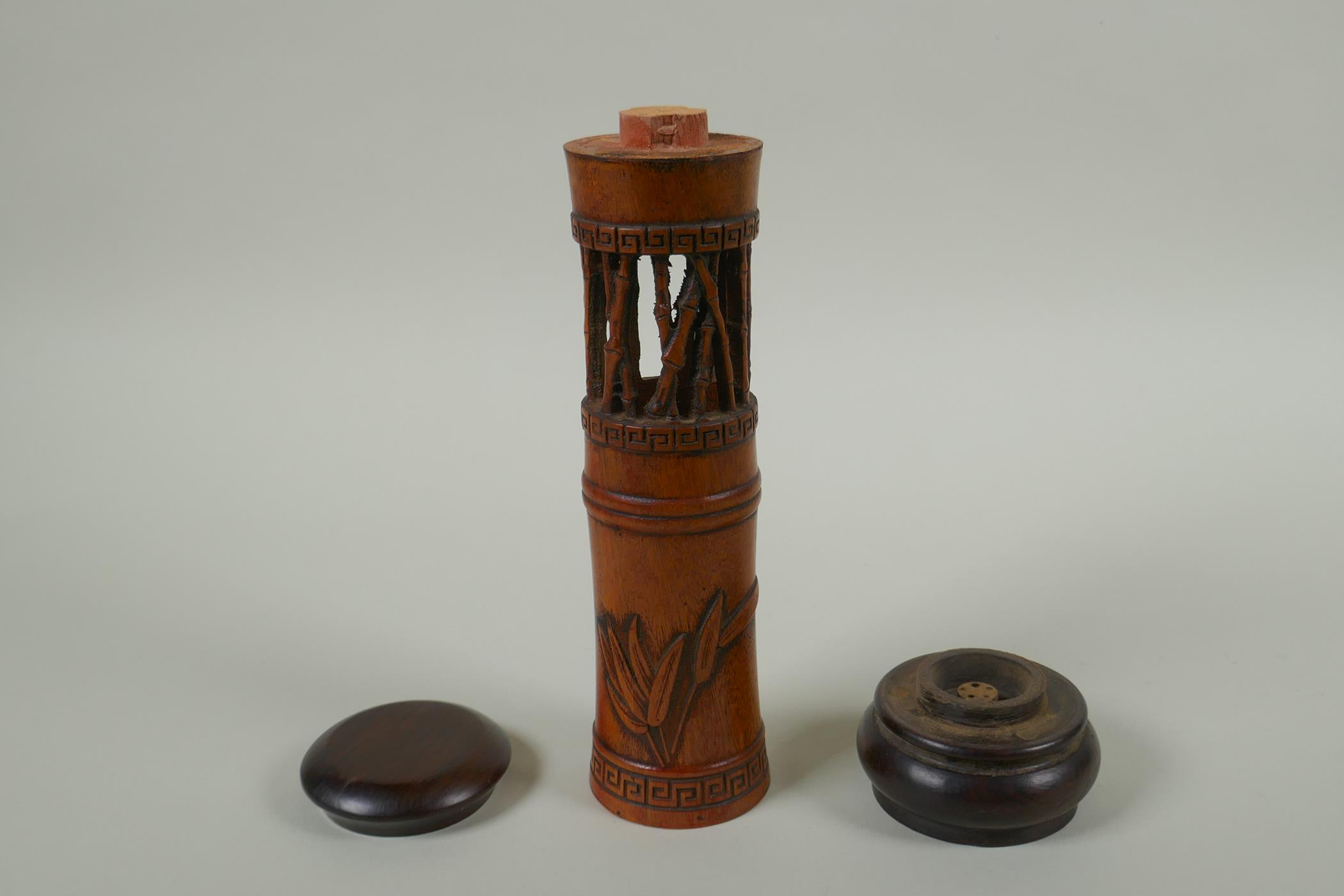 A Chinese carved bamboo incense burner with bamboo decoration, 25cm high - Image 4 of 4