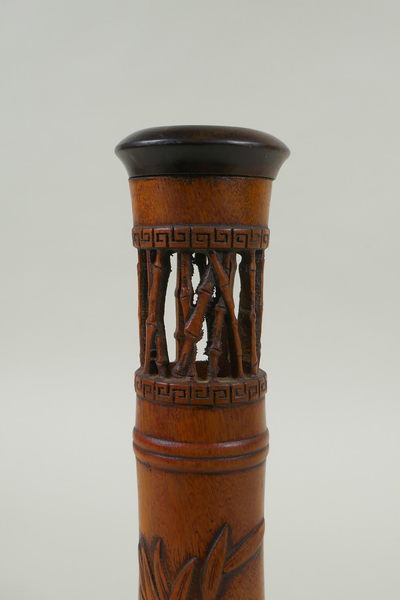 A Chinese carved bamboo incense burner with bamboo decoration, 25cm high - Image 3 of 4