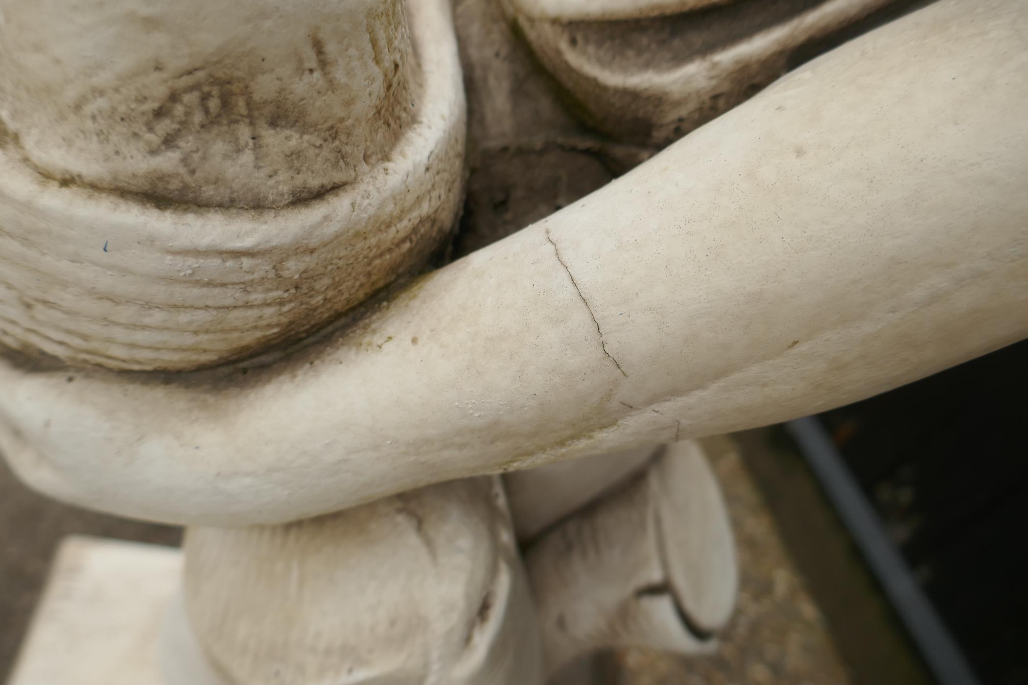 A painted reconstituted stone/concrete garden figure, boy with two puppies, 120cm high - Image 6 of 6