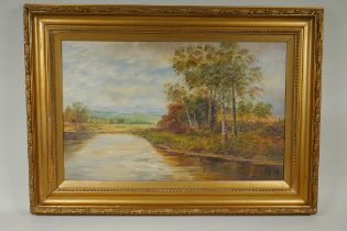 A rural riverside landscape, late C19th/C20th, indistinctly signed, oil on canvas, 56 x 36