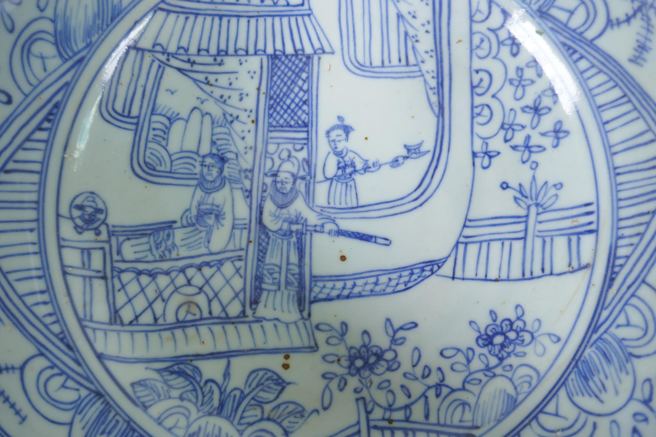 An early C20th Chinese blue and white porcelain steep sided bowl decorated with armed figures, - Image 4 of 5