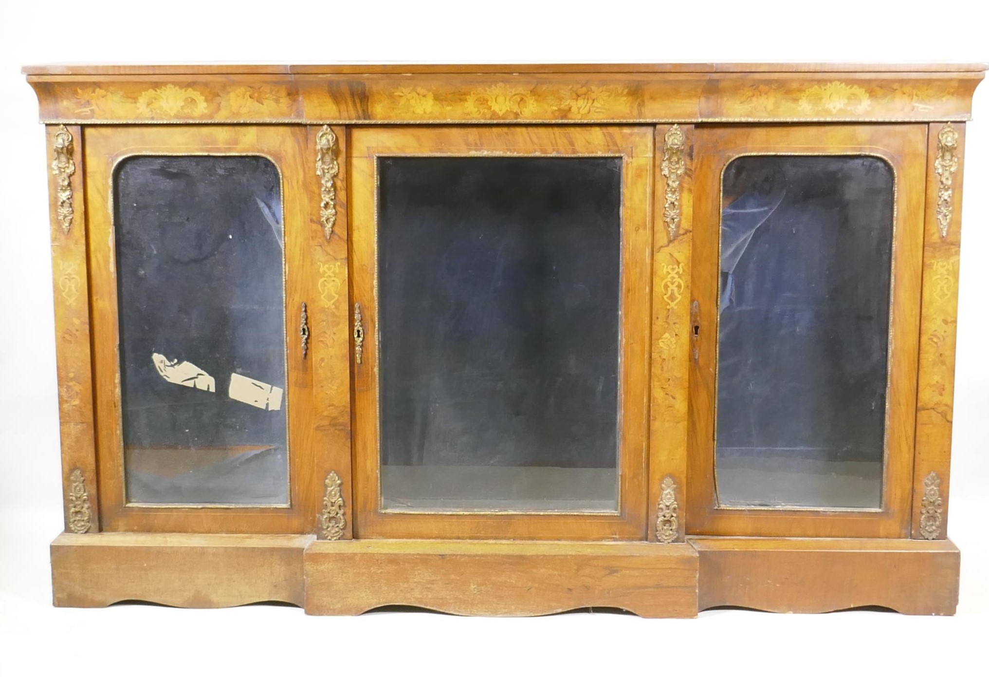 A Victorian marquetry inlaid breakfront walnut credenza with moulded frieze top over three arched - Image 2 of 5