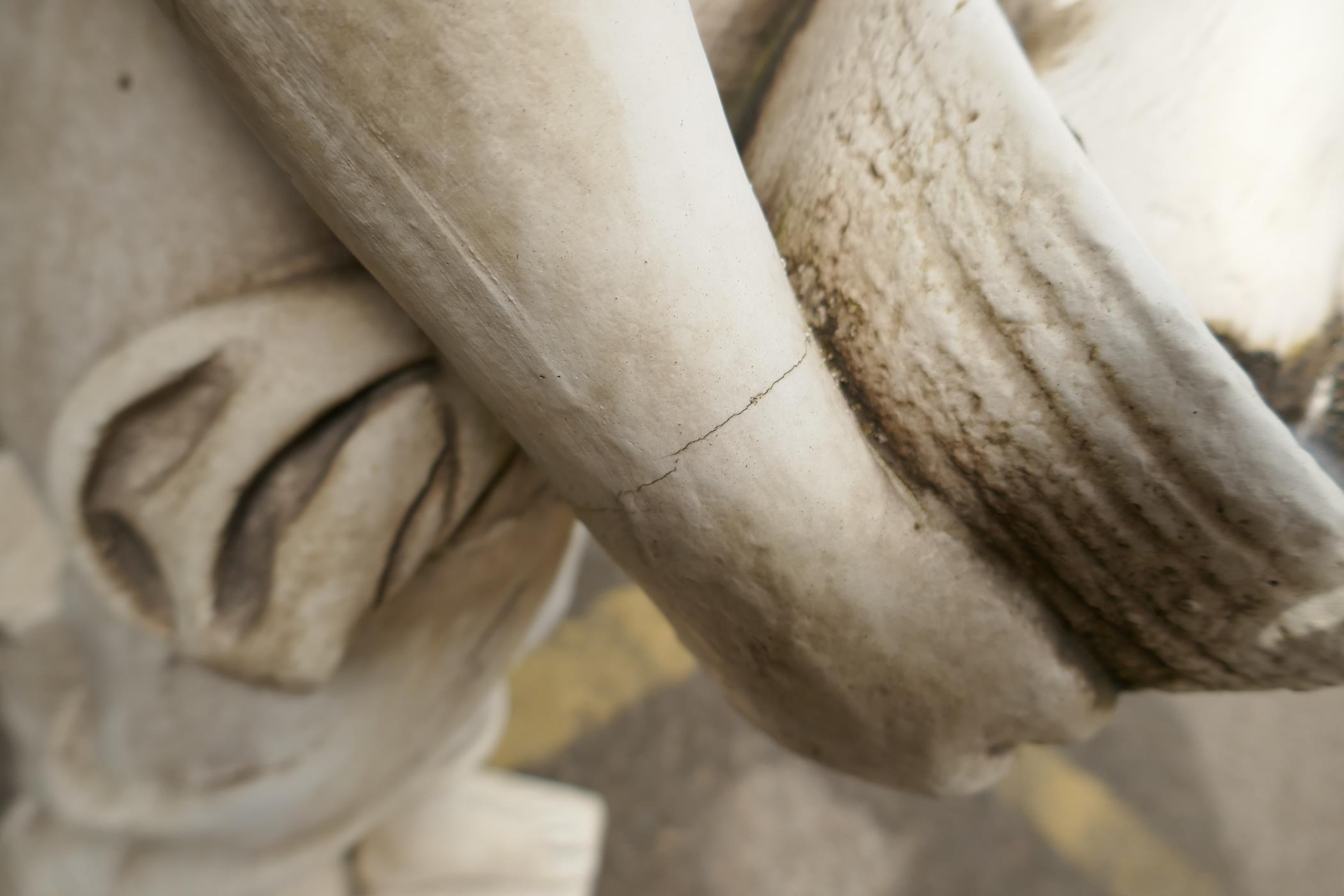 A painted reconstituted stone/concrete garden figure, boy with two puppies, 120cm high - Image 5 of 6