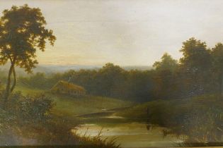 Landscape with fishermen on a river, unsigned, oil on canvas, relined and mounted in a gallery