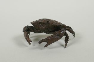 A Japanese style bronze okimono crab, 7cm wide