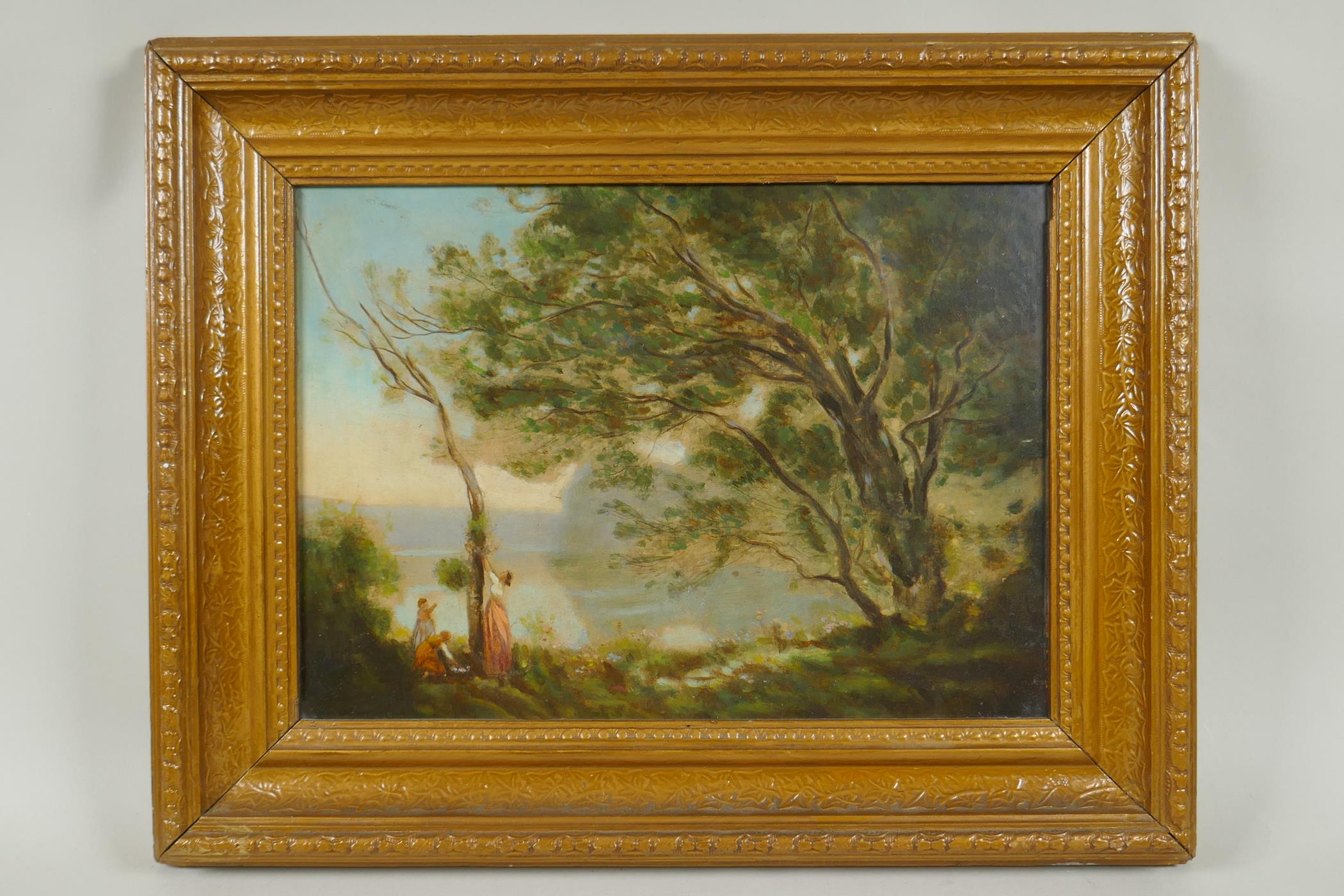 Figures by a woodland lake, oil on board, possibly on print base, 26 x 36cm - Image 2 of 3