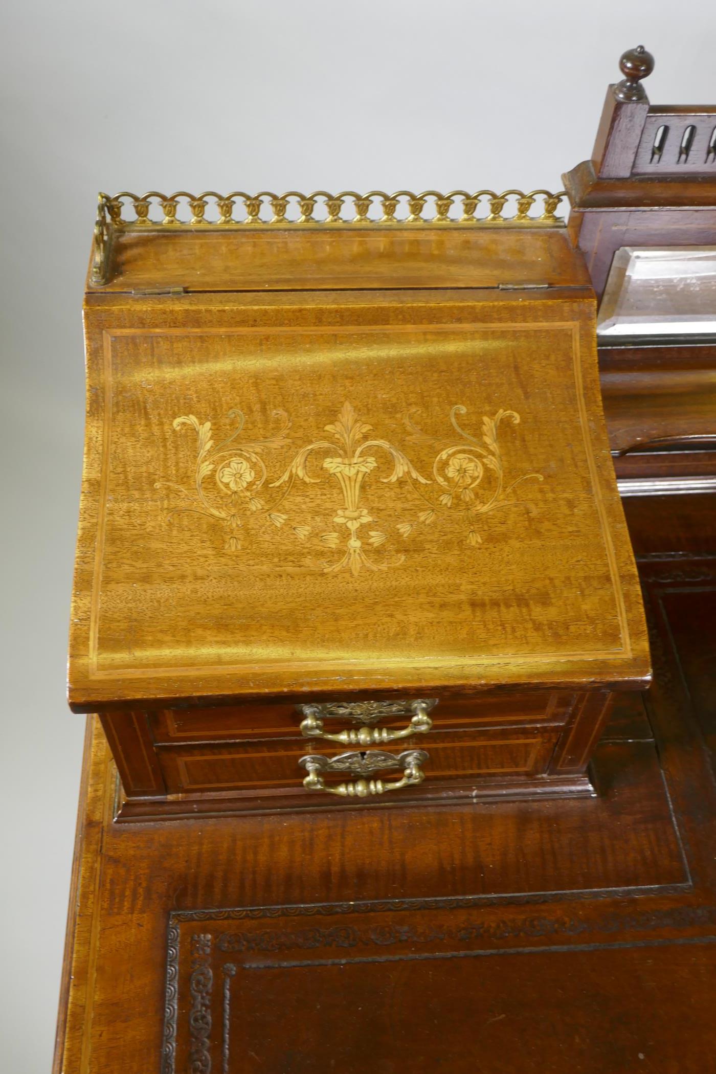 A Victorian inlaid mahogany inverted breakfront bonheure de jour, with pierced brass gallery top and - Image 3 of 4