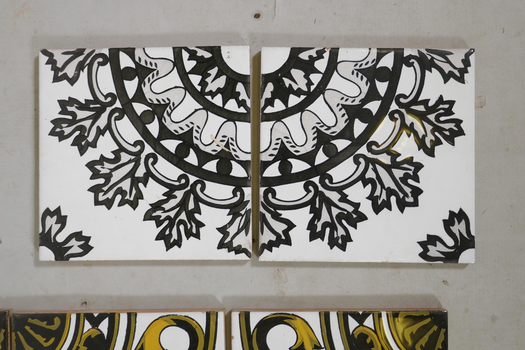 Eleven Spanish terracotta tiles with a black and gold repeating pattern, (two AF), and two other - Image 4 of 4
