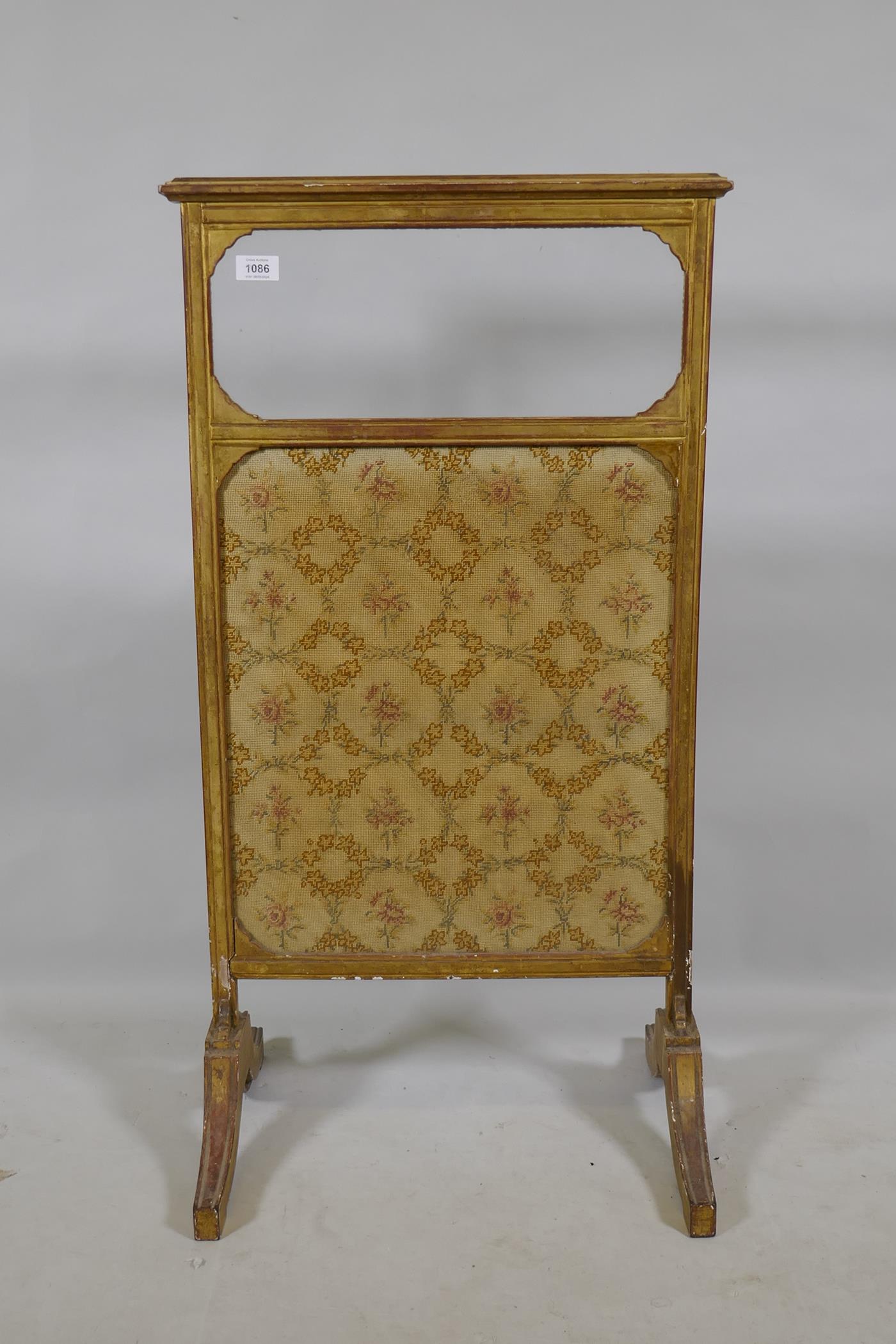 A C19th giltwood firescreen with glazed upper and inset textile panel, 50 x 94cm - Image 4 of 6