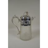 A silver plate and cut glass claret jug with grape vine decoration, 27cm high