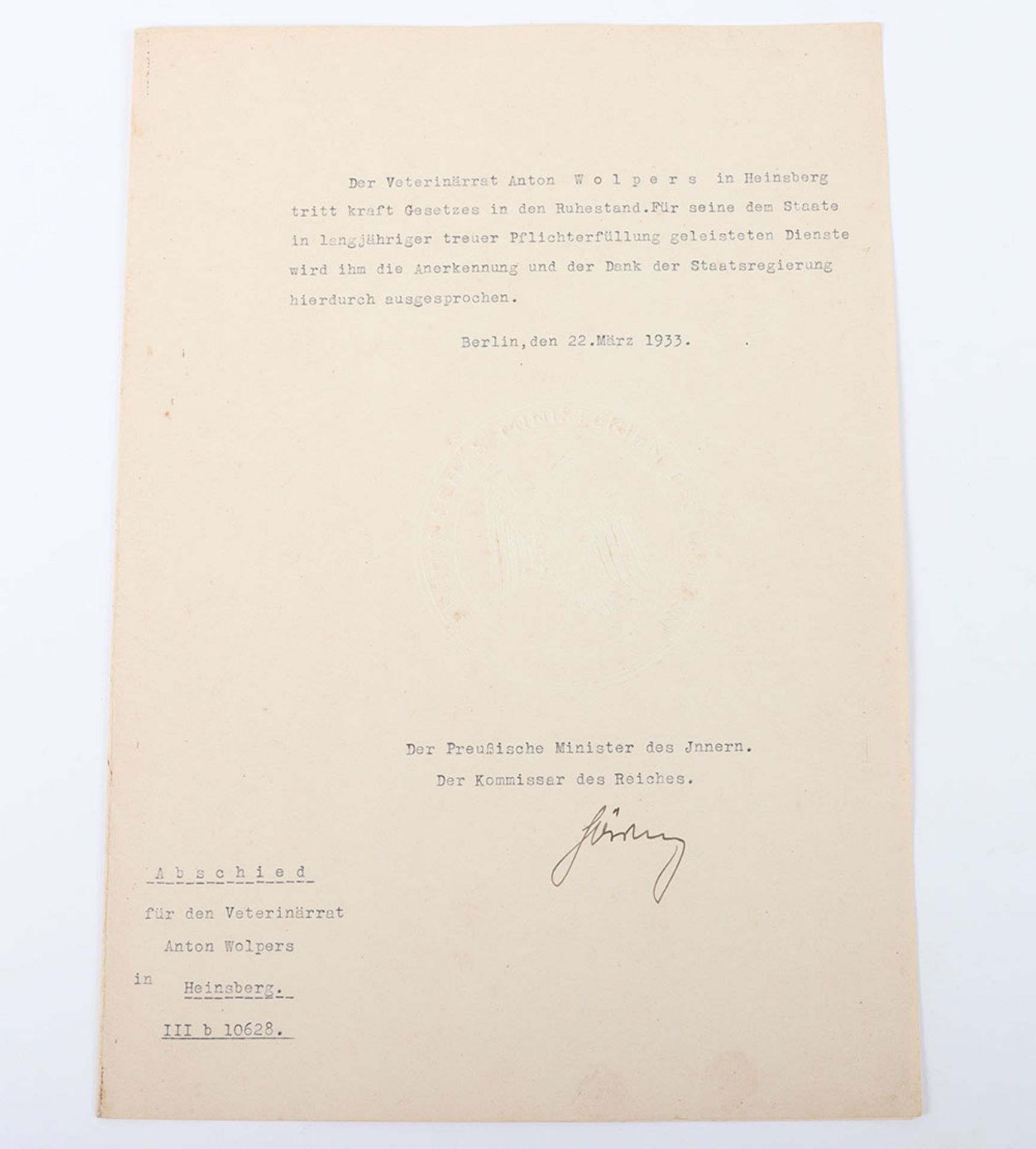 1933 German Herman Goring Signed Document