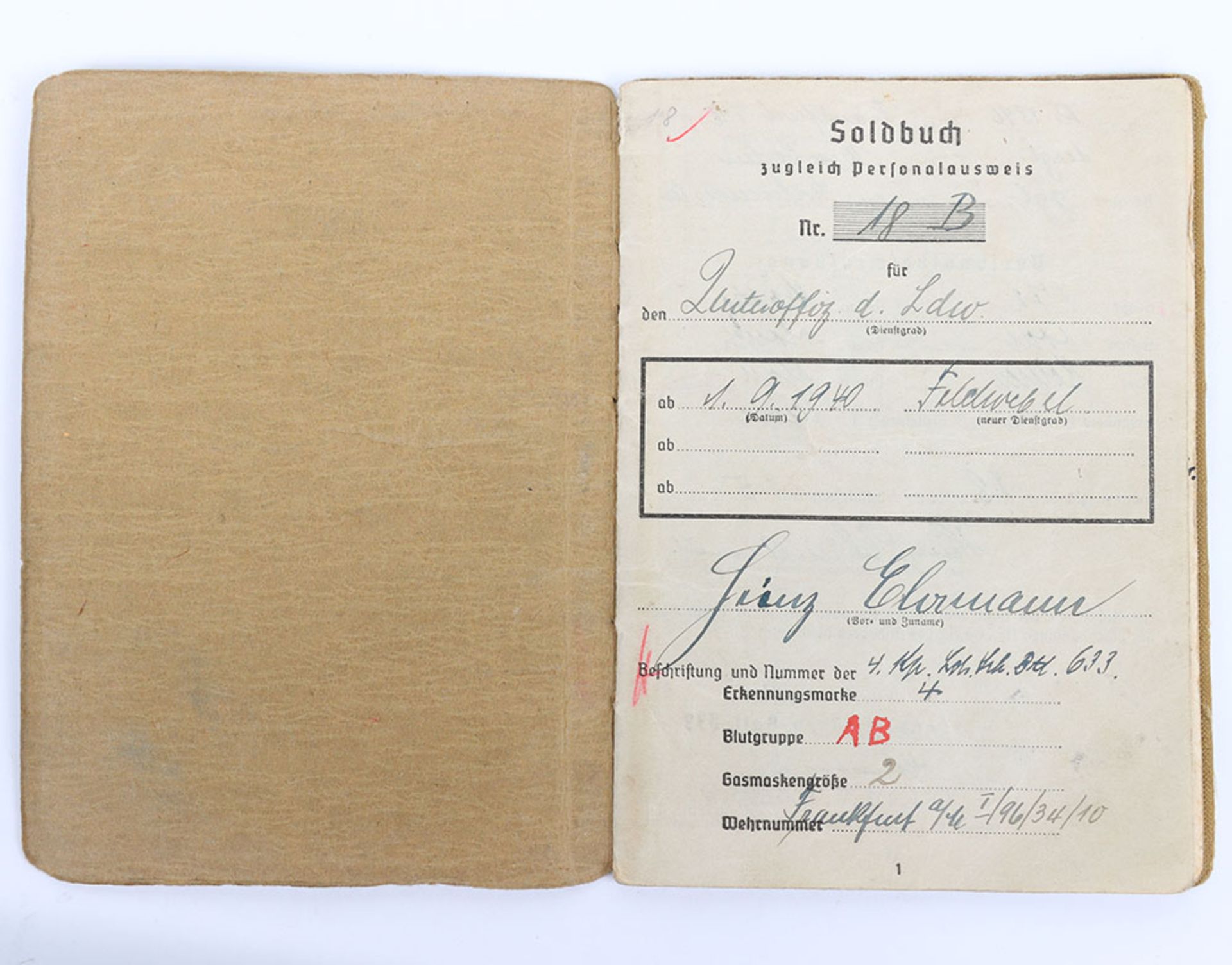 WW2 German Soldbuch to Feldwebel F. Ehrmann. Lds. Sch. Batl 633, Stalag IXB + matching ID dog tags. - Image 3 of 8