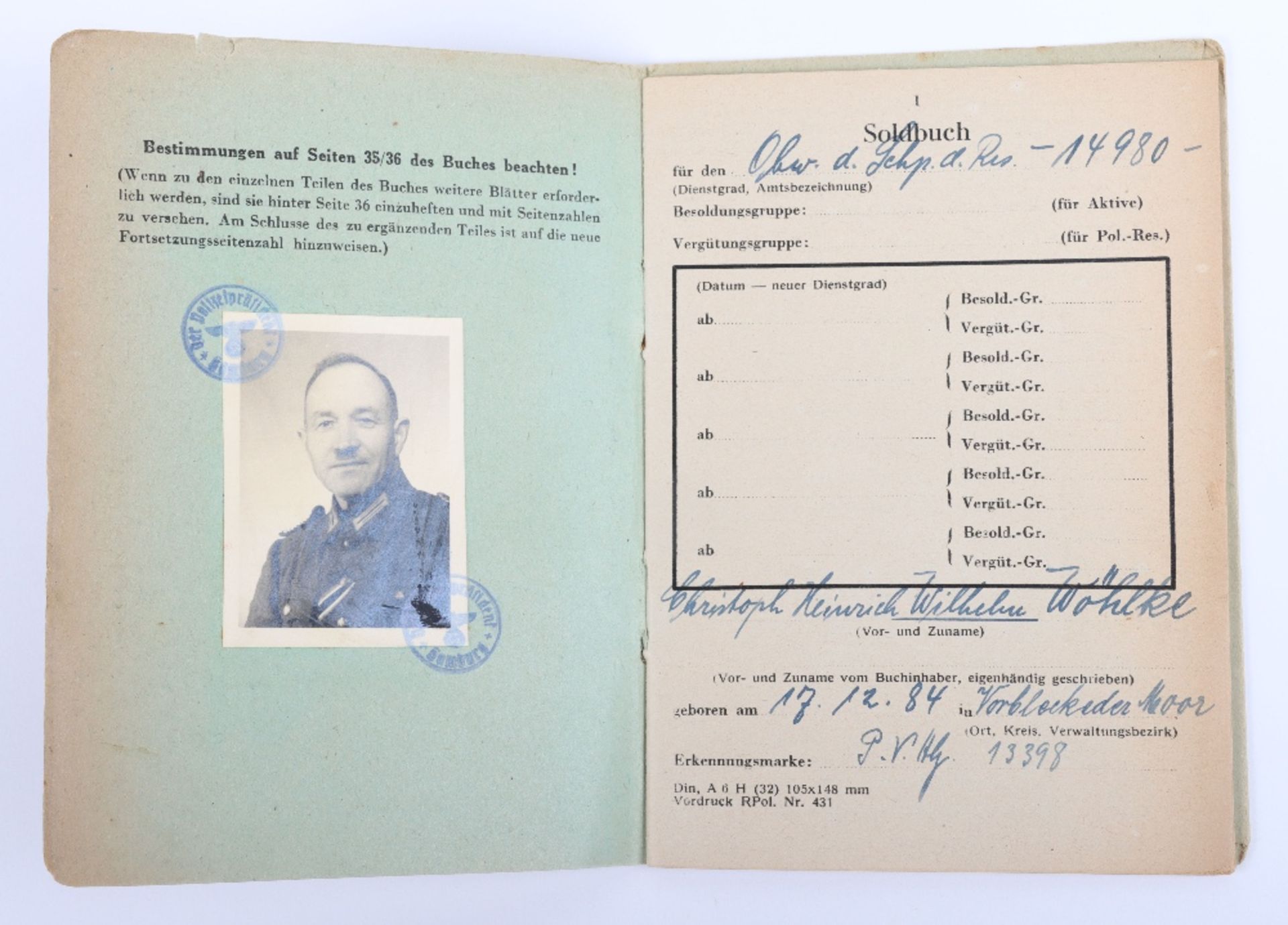 WW2 German Police Soldbuch / ID book to W. Wöhlke, late 1944 issue, Hamburg - Bild 3 aus 14
