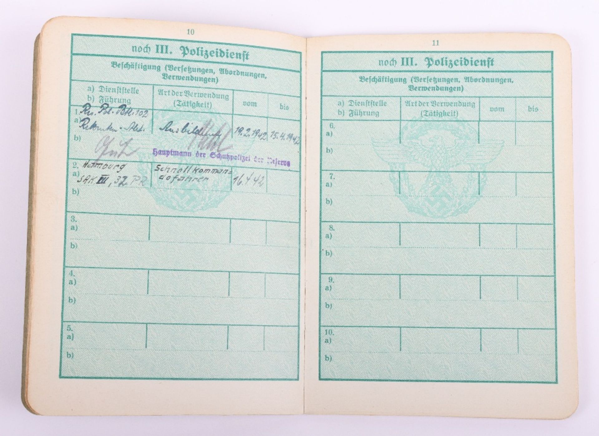 WW2 German Police service book / Polizei Dienstpass to W. Wöhlke, 1942 as Wachmeister d. Schutzpoliz - Bild 7 aus 9