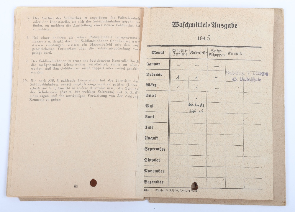 WW2 German SS-Polizei Soldbuch to Bez. Oberwachtm. d Gend. B. Marquardt. Shrapnel wound Feb. 1945. C - Image 12 of 14