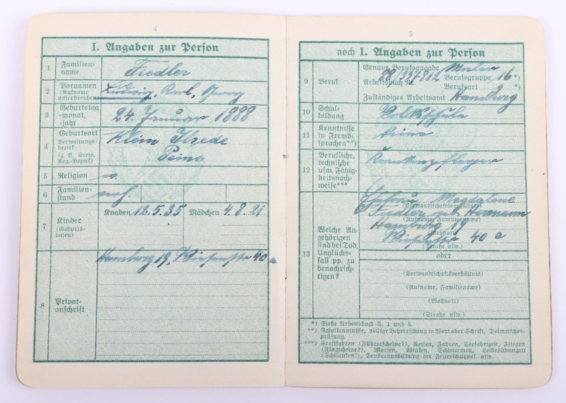 WW2 German Police service book / Polizei Dienstpass toL. Fiedler, Hamburg 1942 - Image 5 of 11