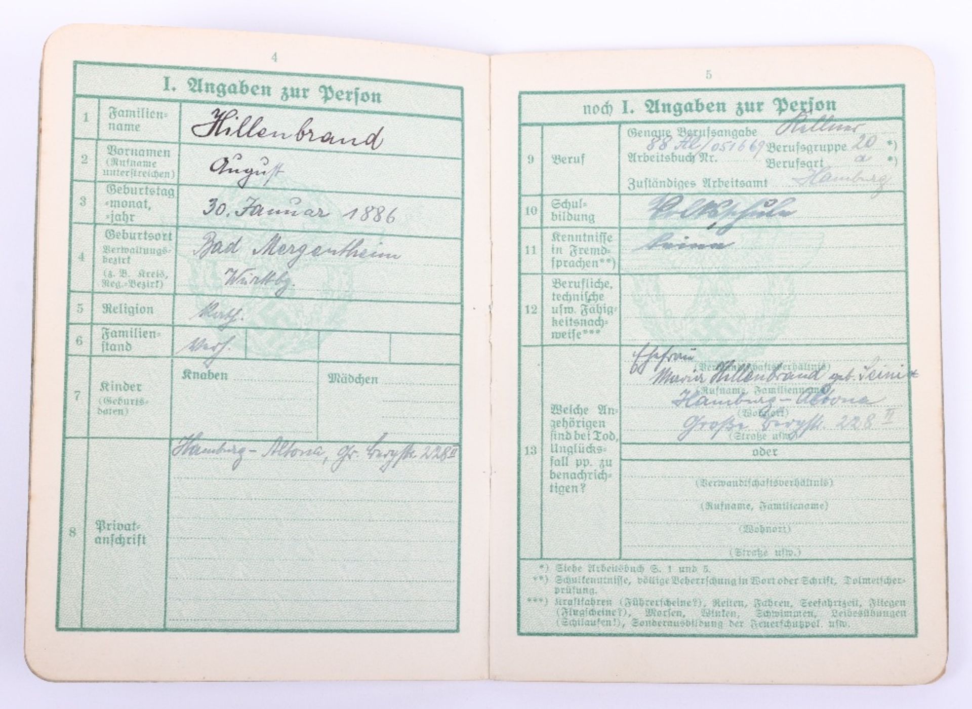 WW2 German Police service book / Polizei Dienstpass to E. Hillenbrand. Polizei Reserve Hamburg 1941 - Image 5 of 13