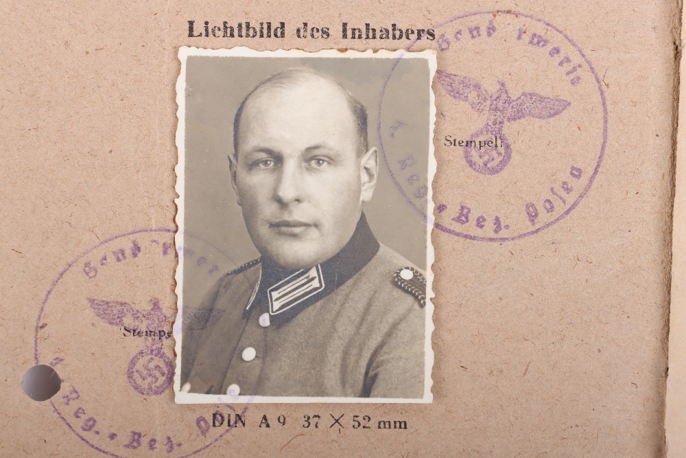 WW2 German SS-Polizei Soldbuch to Bez. Oberwachtm. d Gend. B. Marquardt. Shrapnel wound Feb. 1945. C - Image 2 of 14