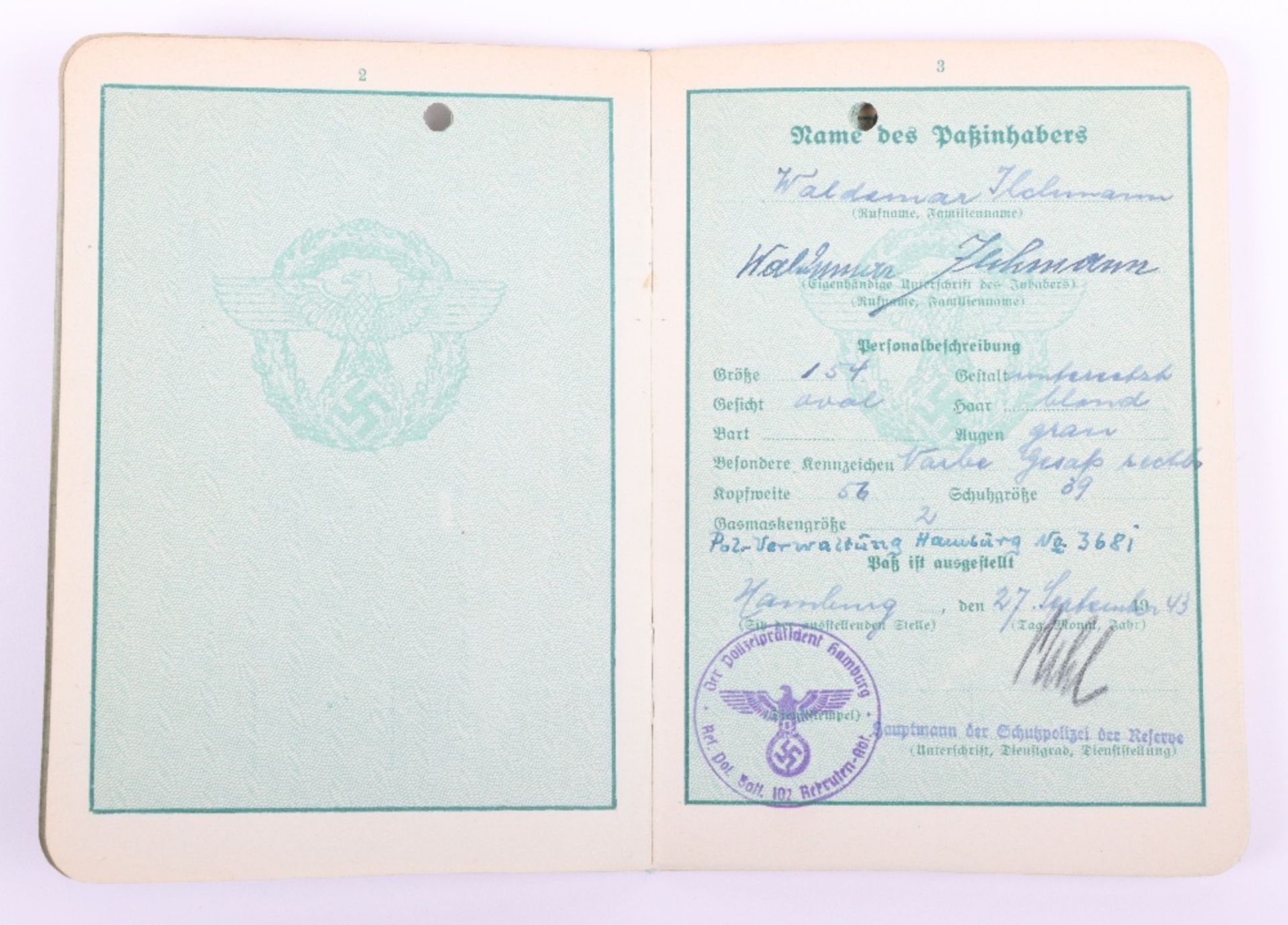 WW2 German Police service book / Polizei Dienstpass to W. Ilchmann. Polizei Reserve Hamburg 1943 - Bild 4 aus 11