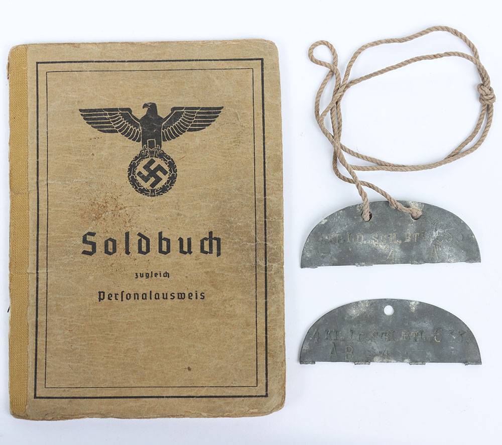 WW2 German Soldbuch to Feldwebel F. Ehrmann. Lds. Sch. Batl 633, Stalag IXB + matching ID dog tags. - Bild 8 aus 8