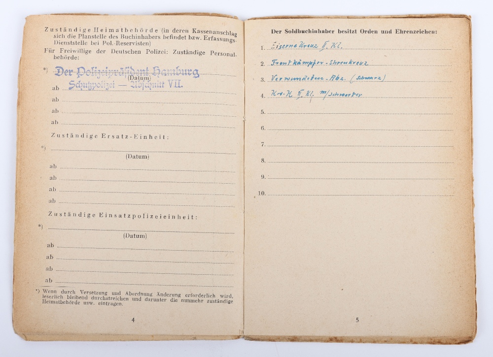 WW2 German SS-Polizei Soldbuch to Edgar Wettermann, late 1945 issue Hamburg - Image 3 of 9