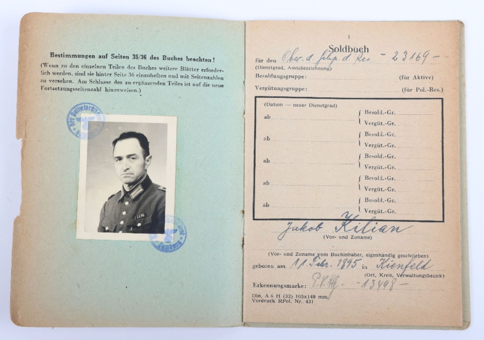 WW2 German Police Soldbuch / ID book to J. Kilian, Polizei Reserve Hamburg 1944 - Bild 3 aus 8