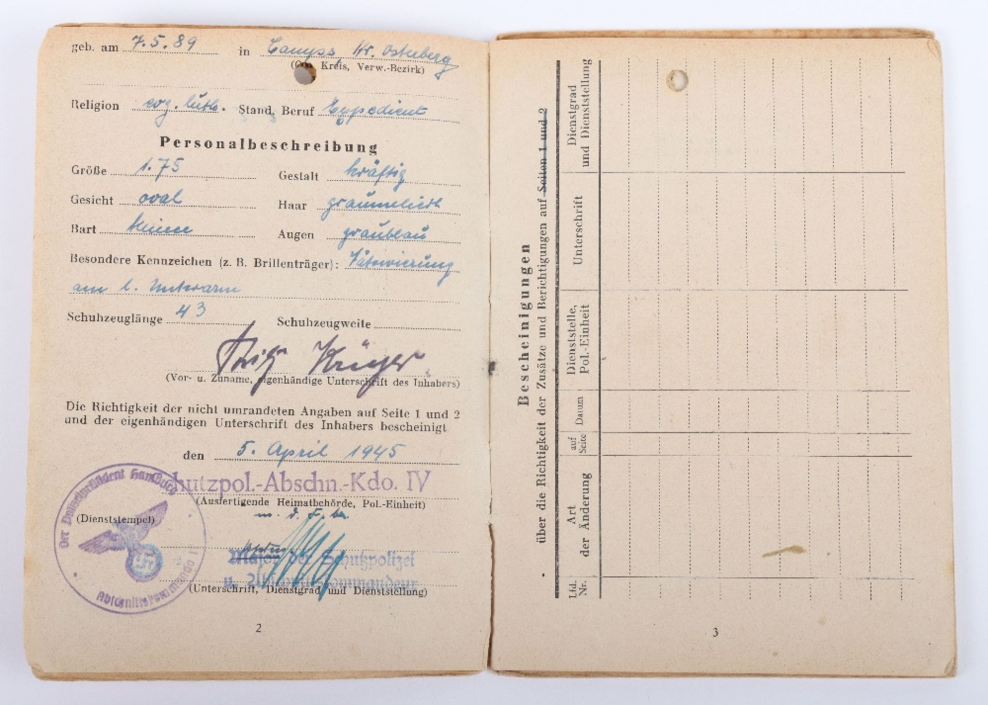 WW2 German SS-Polizei Soldbuch to Hauptwachmeister der Reserve Fritz Krüger. Late, 5 April 1945 issu - Bild 3 aus 9