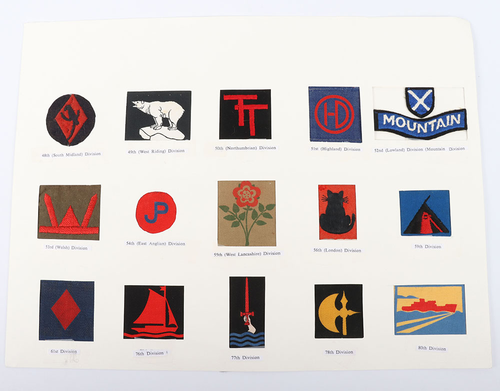 Card of cloth formation signs to British Infantry Divisions
