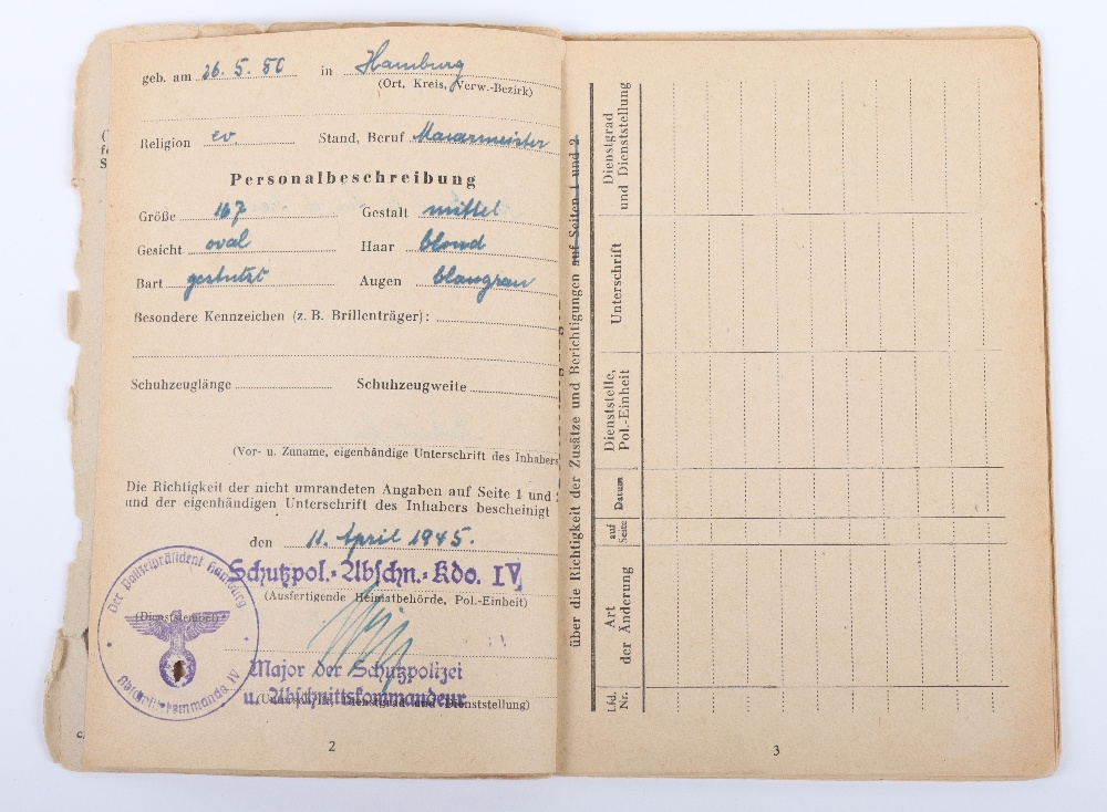 WW2 German SS-Polizei Soldbuch to Oberwachmeister der Reserve Robert Schulz. Late, 1945 issue, Schut - Image 3 of 8