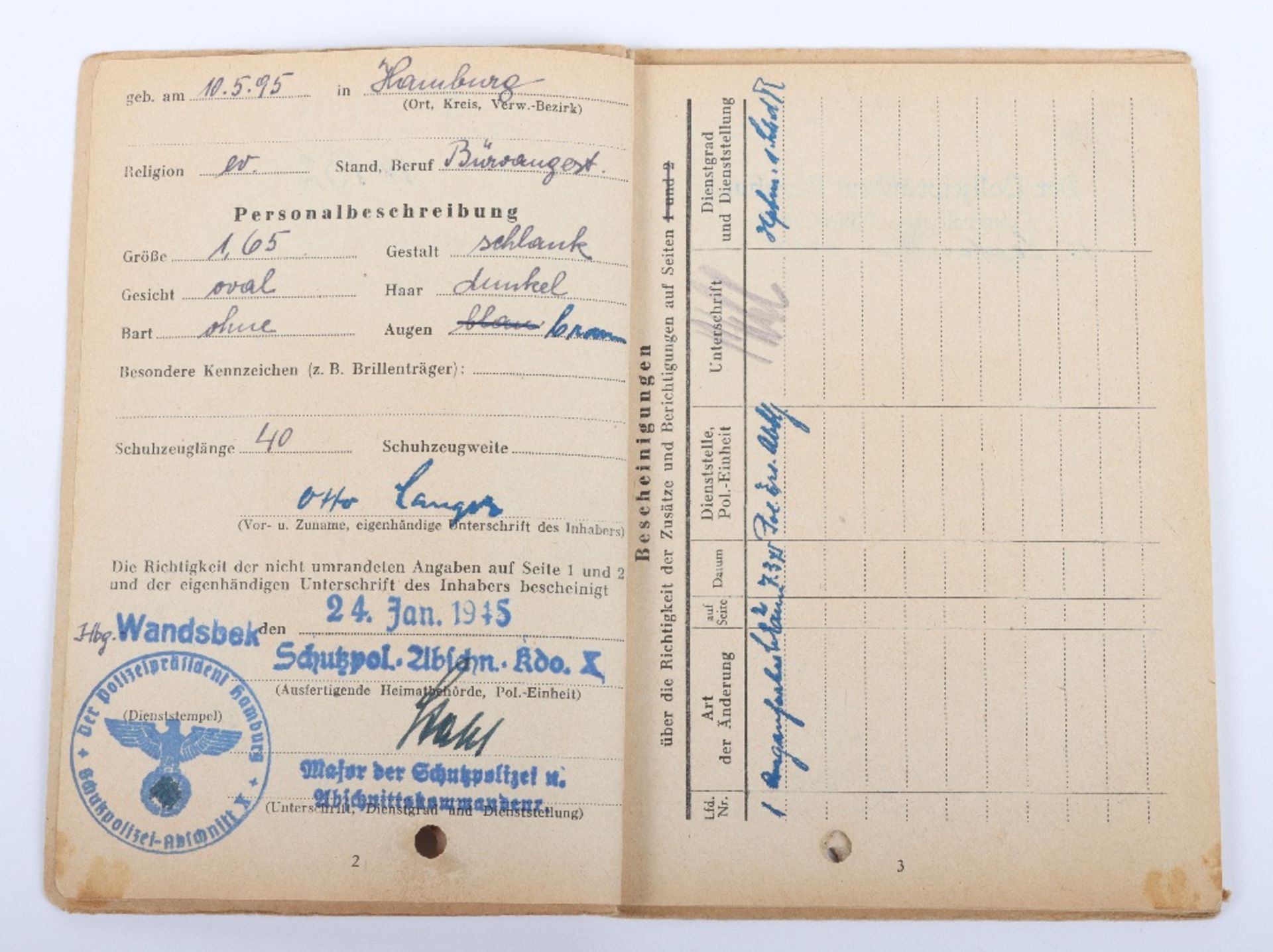 WW2 German SS-Polizei Soldbuch to Wachmeister der Reserve Otto Langer. Late, 1945 issue, Schutzpoliz - Image 3 of 13