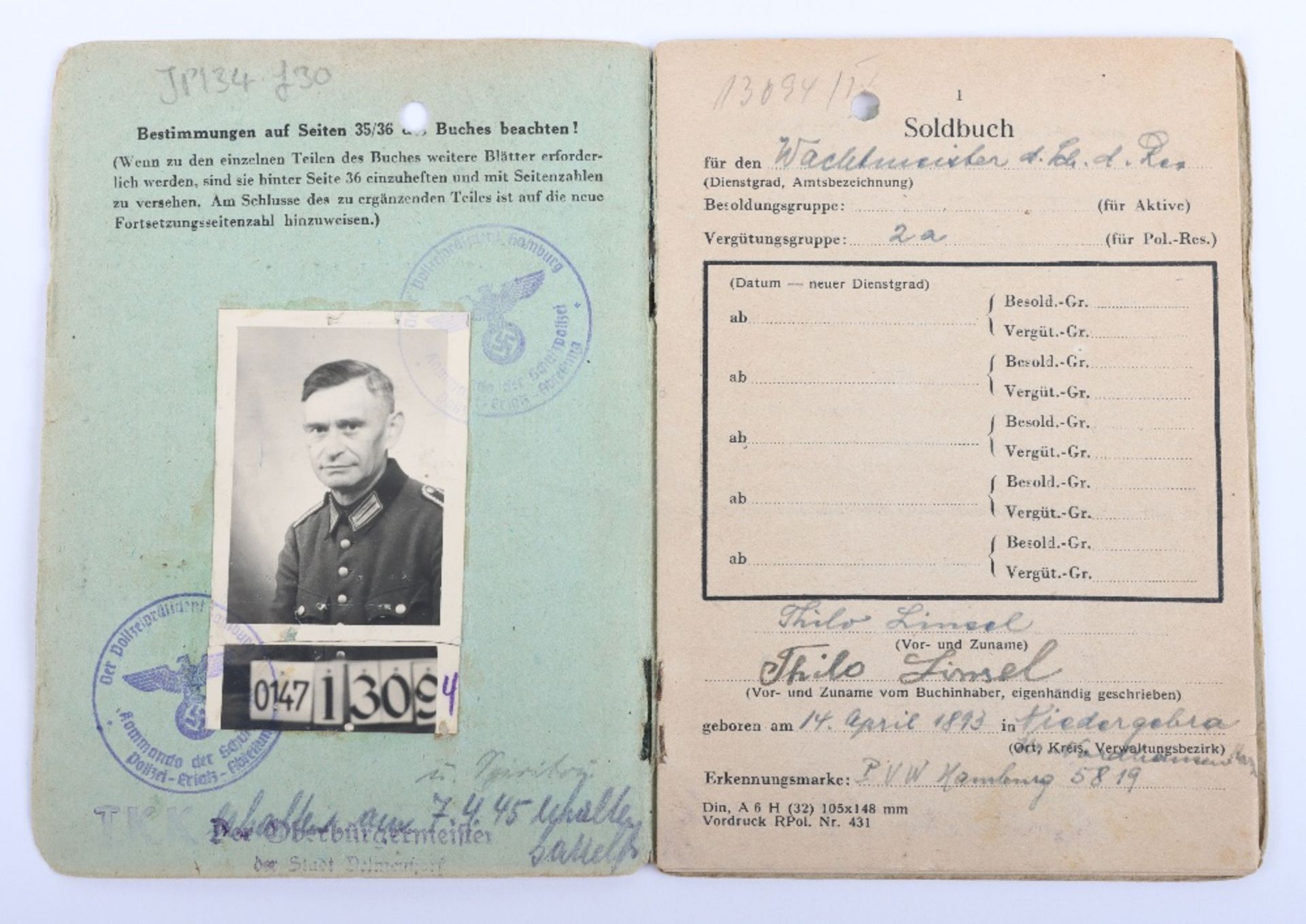 WW2 German Police Soldbuch / ID book to Thilo Linsel, late 1944 issue, Polizei Reserve Hamburg - Bild 3 aus 11