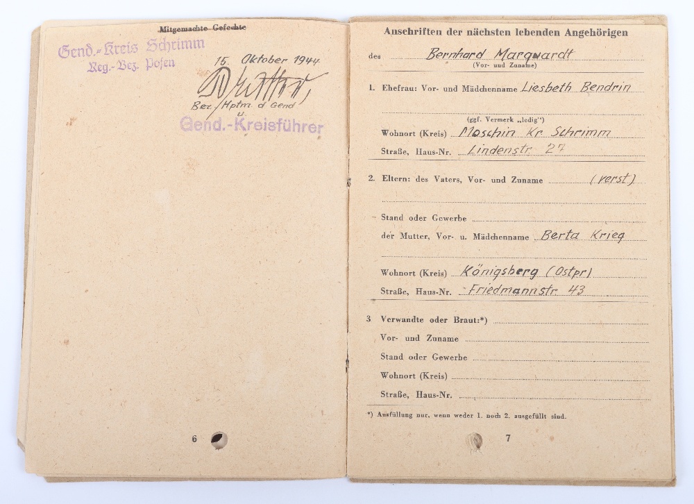 WW2 German SS-Polizei Soldbuch to Bez. Oberwachtm. d Gend. B. Marquardt. Shrapnel wound Feb. 1945. C - Image 5 of 14