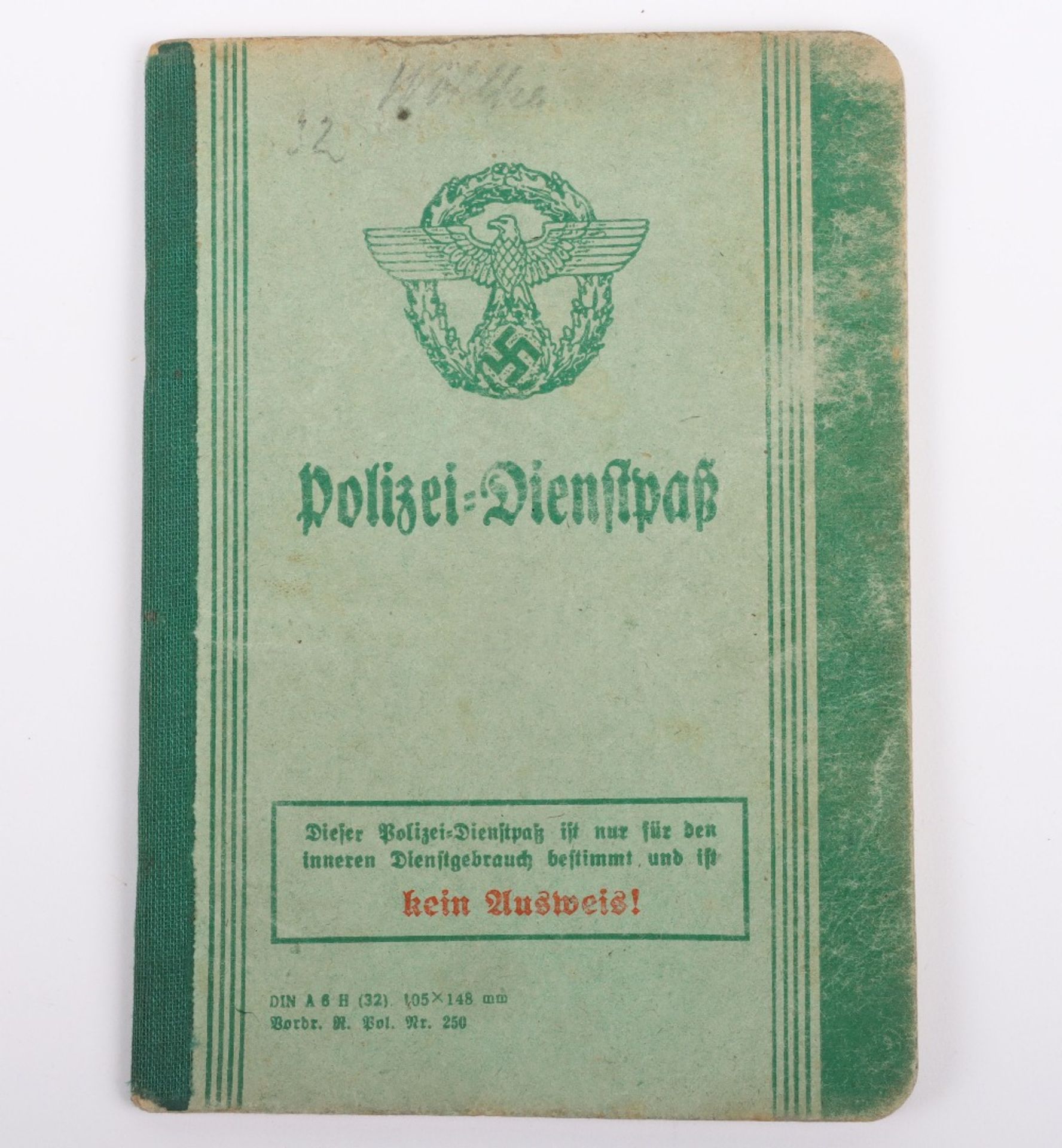 WW2 German Police service book / Polizei Dienstpass to W. Wöhlke, 1942 as Wachmeister d. Schutzpoliz - Image 2 of 9