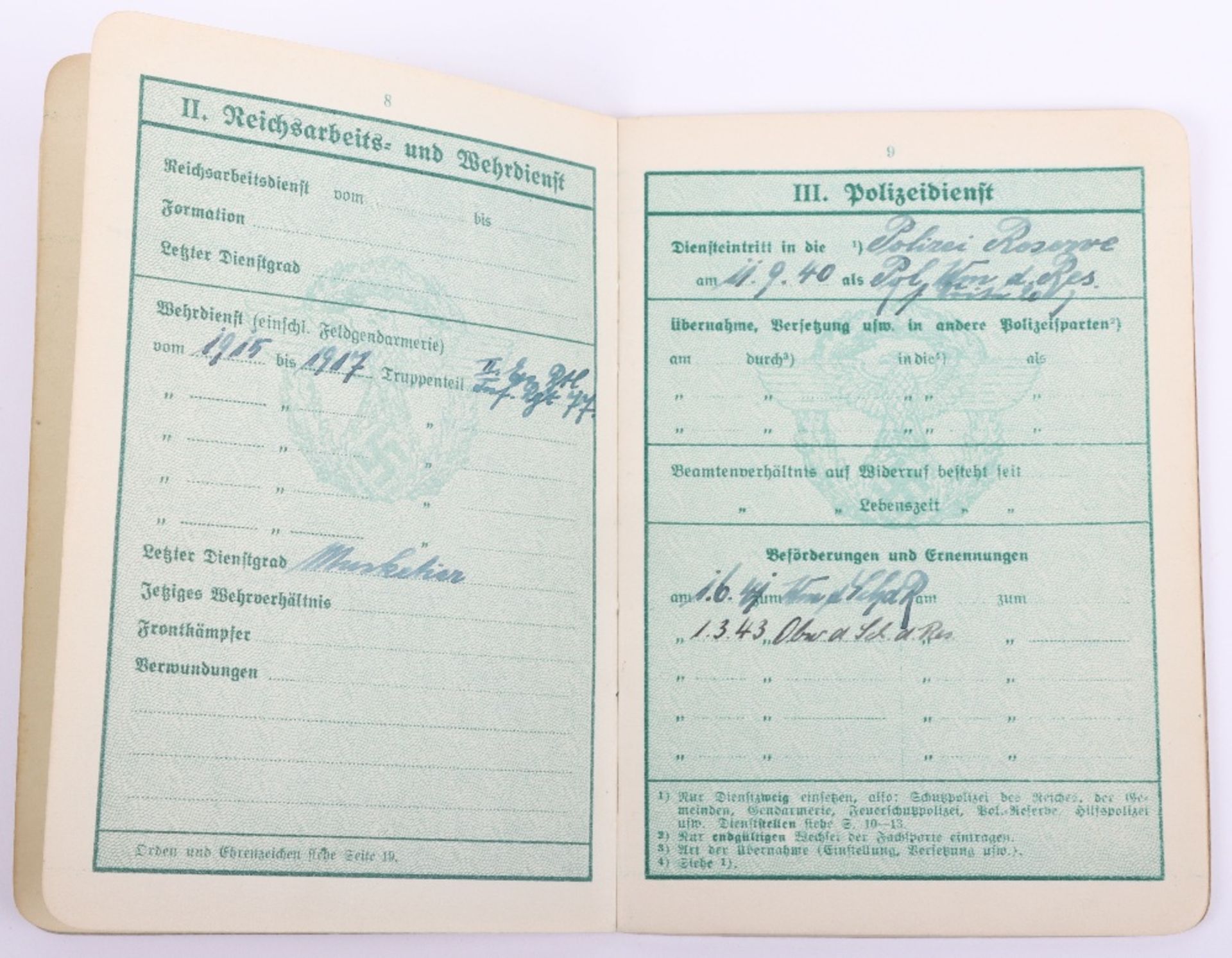 WW2 German Police service book / Polizei Dienstpass toL. Fiedler, Hamburg 1942 - Image 7 of 11