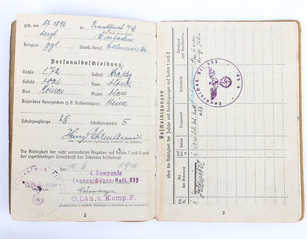 WW2 German Soldbuch to Feldwebel F. Ehrmann. Lds. Sch. Batl 633, Stalag IXB + matching ID dog tags. - Bild 4 aus 8