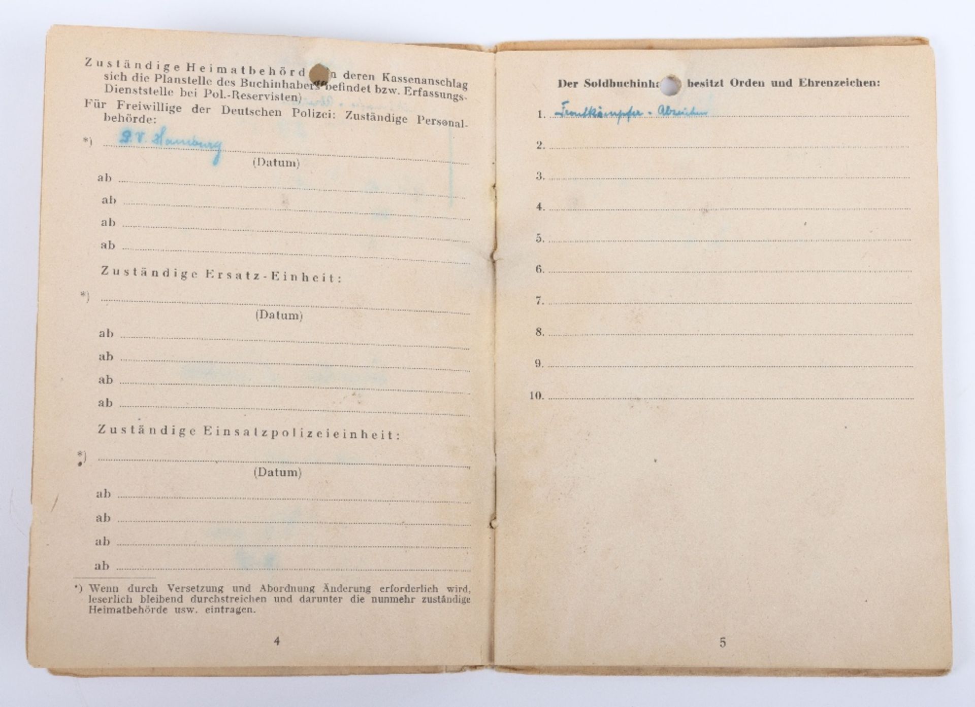 WW2 German SS-Polizei Soldbuch to Oberwachmeister der Reserve E. Schreiter. Late 1945 issue Abschnit - Bild 6 aus 10