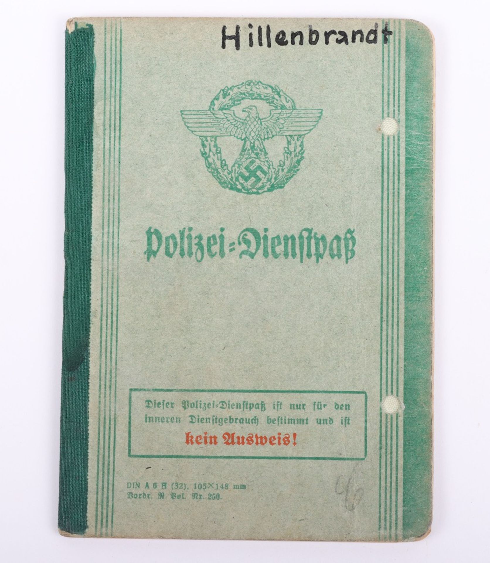 WW2 German Police service book / Polizei Dienstpass to E. Hillenbrand. Polizei Reserve Hamburg 1941 - Image 2 of 13