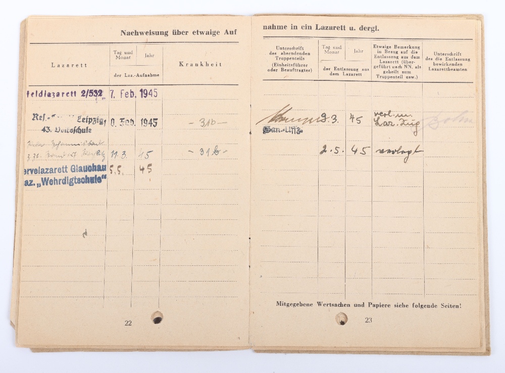 WW2 German SS-Polizei Soldbuch to Bez. Oberwachtm. d Gend. B. Marquardt. Shrapnel wound Feb. 1945. C - Image 9 of 14