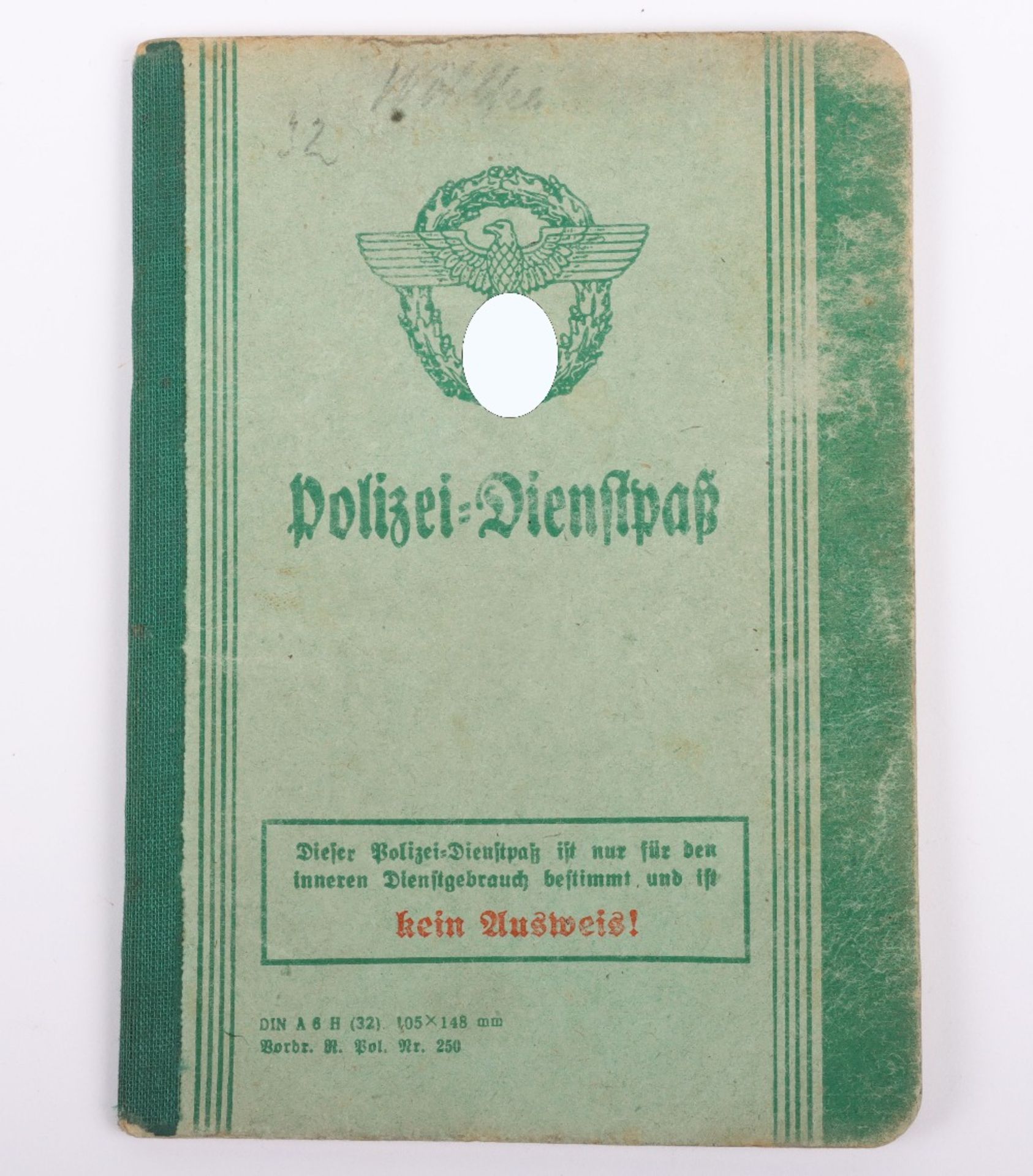 WW2 German Police service book / Polizei Dienstpass to W. Wöhlke, 1942 as Wachmeister d. Schutzpoliz