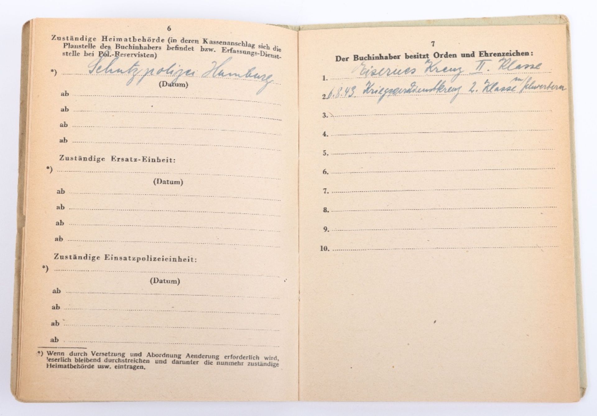 WW2 German Police Soldbuch / ID book to W. Wöhlke, late 1944 issue, Hamburg - Bild 7 aus 14