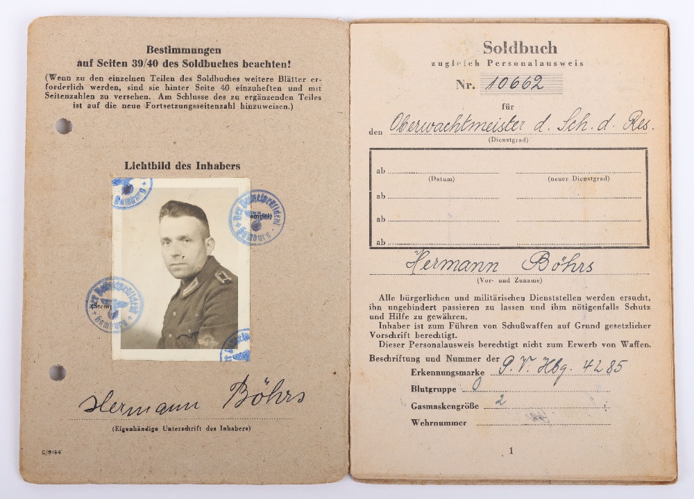 WW2 German SS-Polizei Soldbuch to Oberwachmeister der Reserve Hermann Böhrs 1944 issue Kommando der