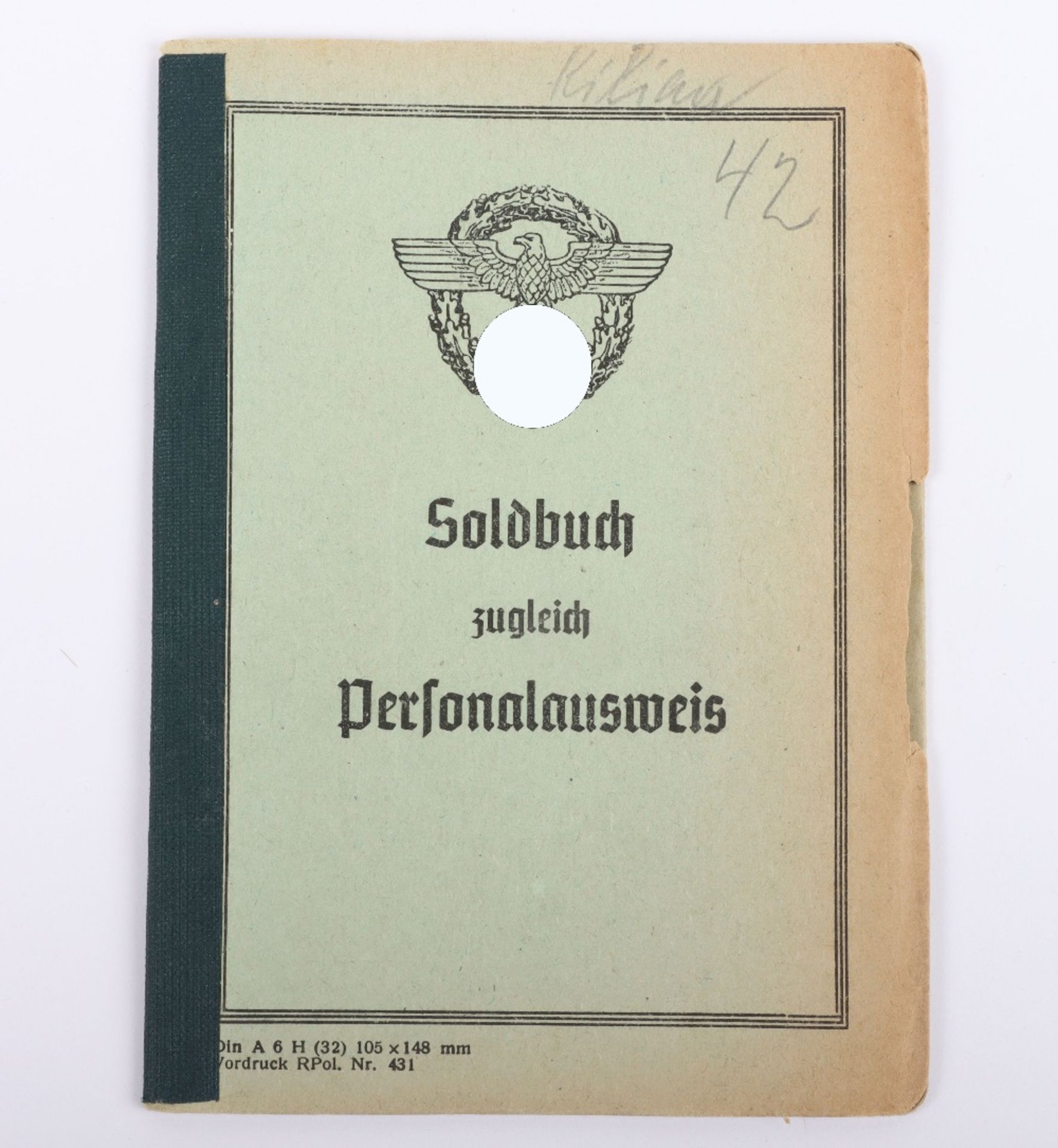 WW2 German Police Soldbuch / ID book to J. Kilian, Polizei Reserve Hamburg 1944