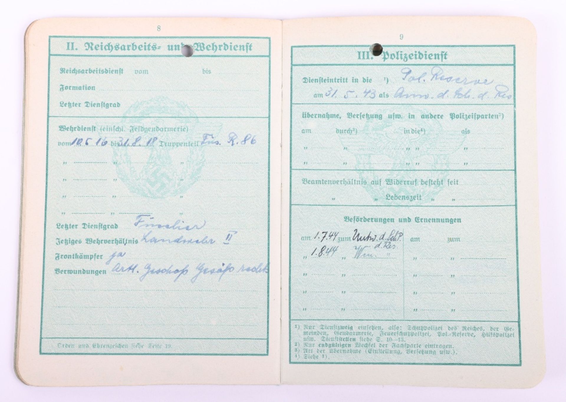 WW2 German Police service book / Polizei Dienstpass to W. Ilchmann. Polizei Reserve Hamburg 1943 - Bild 7 aus 11