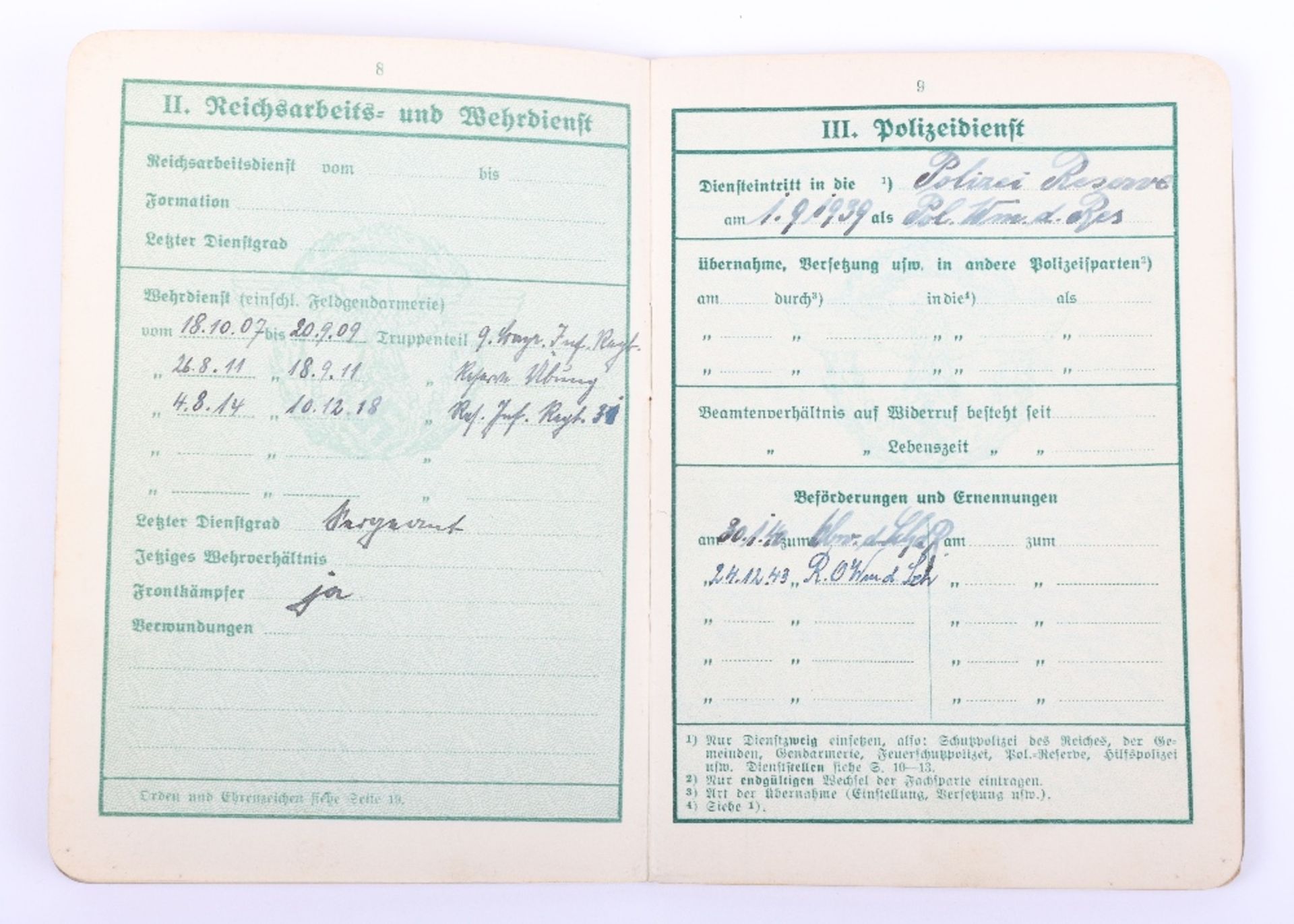 WW2 German Police service book / Polizei Dienstpass to E. Hillenbrand. Polizei Reserve Hamburg 1941 - Image 7 of 13